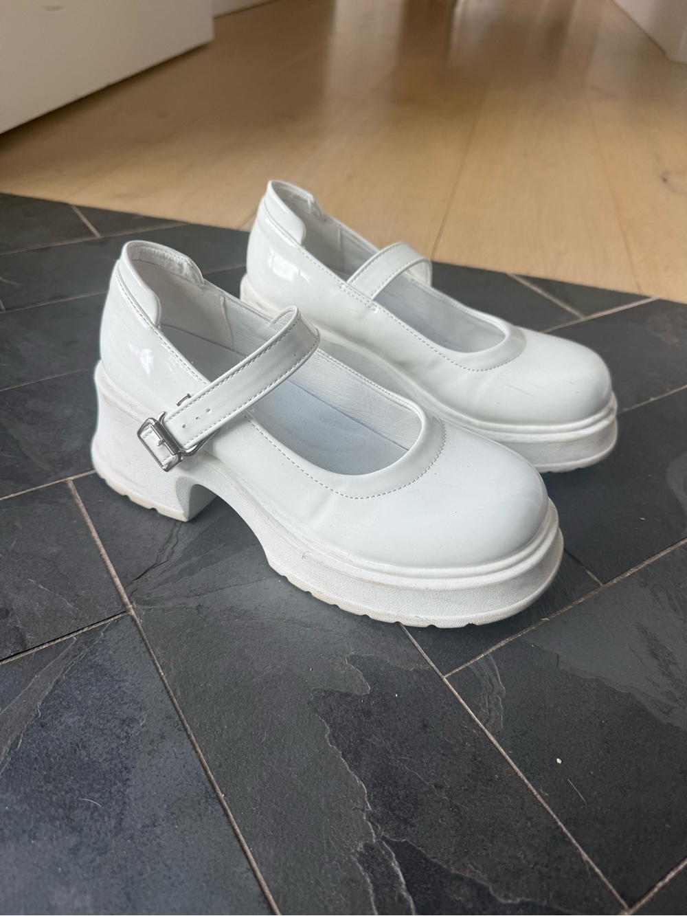 Chunky White Mary Jane Platform Heels — Women's Strap Pumps